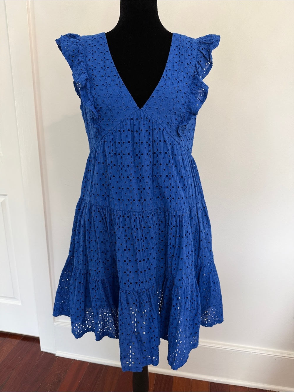 Aqua Royal Blue Eyelet V-Neck Ruffle Sleeve Mini Dress